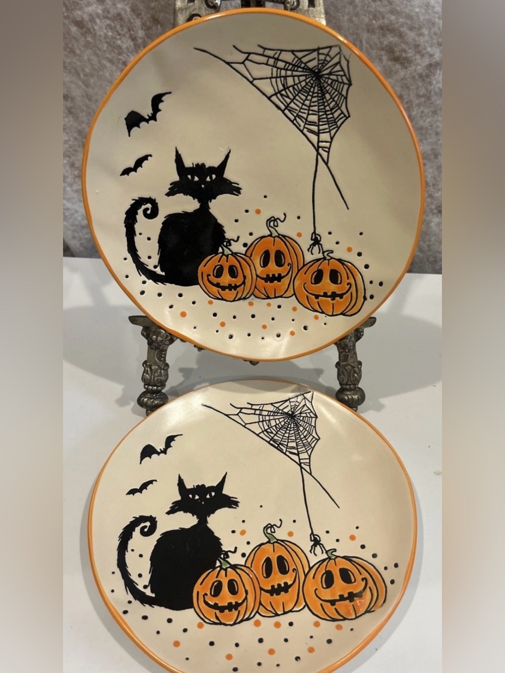 Eli & Ana Brixton Halloween Cat Retro Salad Plate Set/2 Jack-o'-lantern